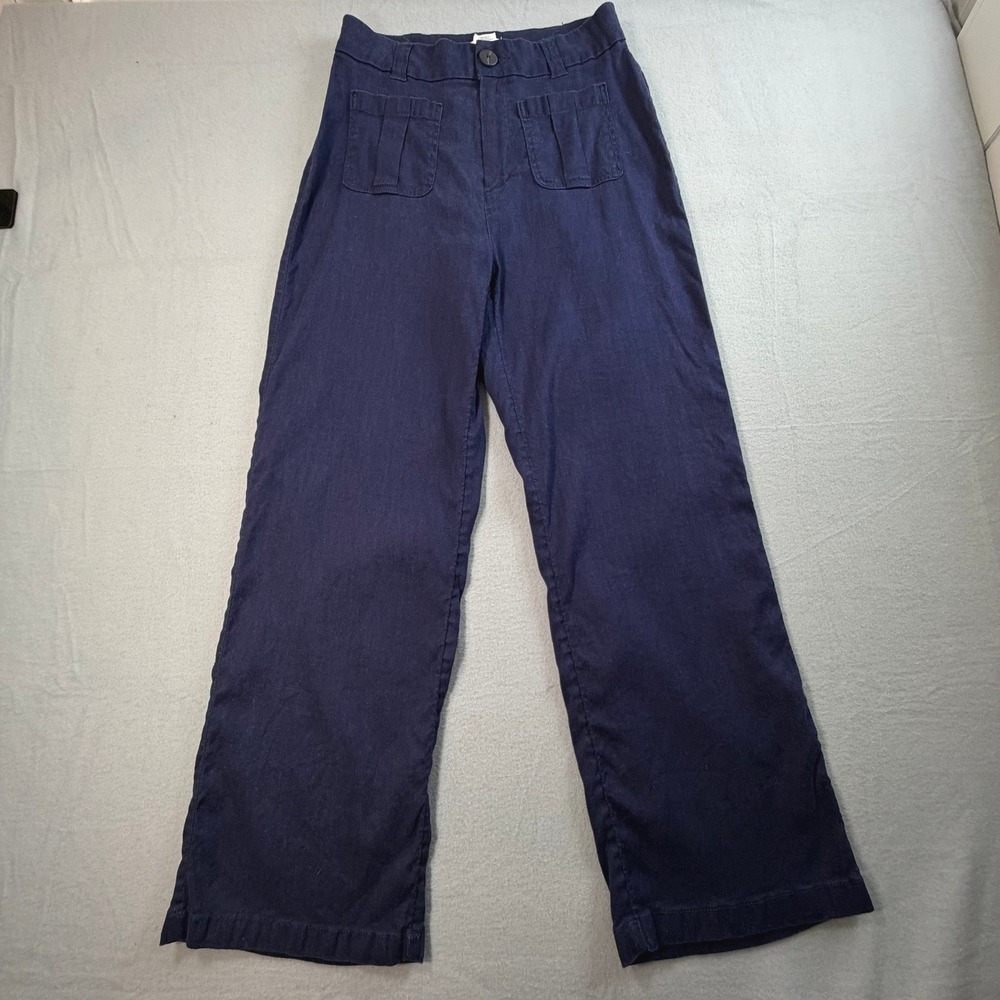 Nicole Miller Wide Leg Pants 8 Navy Blue Linen Trousers Dark Academia Office